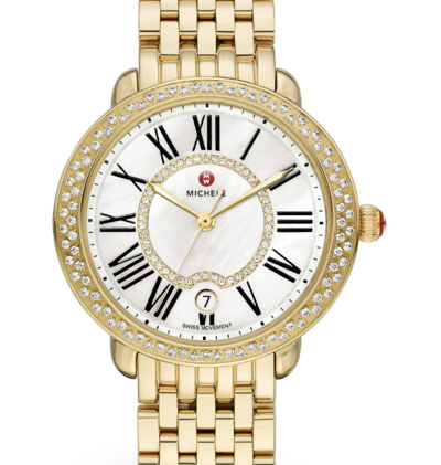 Pre-owned Michele Serein Diamond Gold Tone Mother Of Pearl Face Women's Watch Mww21b000031