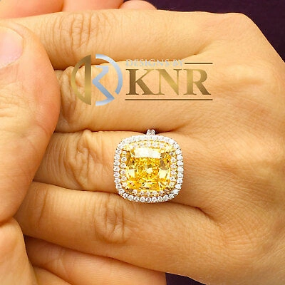 Pre-owned Knr 14k White Gold Cushion Yellow Citrine Round Cut Diamond Ring Split Band Halo 5.7