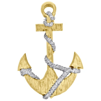 Pre-owned Jfl Diamonds & Timepieces 14k Yellow Gold Diamond Hammered Anchor Sailor Rope Pendant 2" Charm 1.05 Ct. In White
