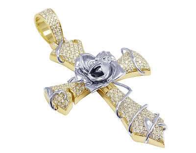 Pre-owned Jewelry Unlimited Mens Two-tone Gold 10k Rose Cross Diamond Pendant 3 7/10ct 3.2" In Pink