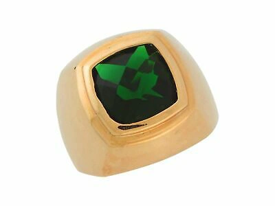Pre-owned Jackani 10k Or 14k Yellow Gold Large Mens Single Simulated Emerald High Polish Wide Ring In Green
