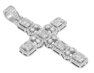 Pre-owned Jewelry Unlimited 14k White Gold Baguette Halo Bezel Real Diamond Cross Charm Pendant 2.5" 3ct In F-g
