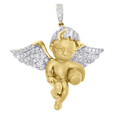Pre-owned Jfl Diamonds & Timepieces 10k Yellow Gold Diamond Cherub Baby Angel Pendant 1.50" Brushed Charm 0.89 Ct. In White