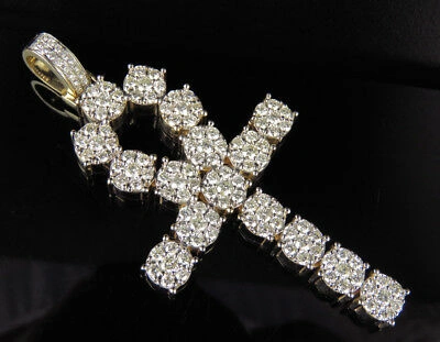 Pre-owned Jewelry Unlimited Men's 10k Yellow Gold Real Diamond Cluster Ankh Cross Pendant Charm 4.7 Ct 3"