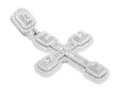 Pre-owned Jewelry Unlimited Mens Baguette Round 3 1/4 Ct Real Diamond Cross Pendant 10k White Gold 2.4" In G-h