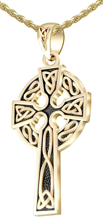 Pre-owned Us Jewels 1.625" Mens 14k Yellow Gold Irish Celtic Knot Cross Antique Pendant Necklace