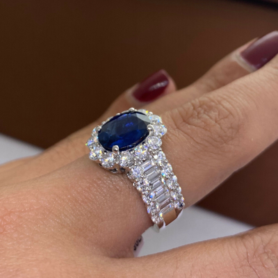 Pre-owned Morris 5.70 Carat Natural Diamond & Sapphire Engagement Ring 18k White Gold In Blue