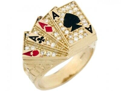 Pre-owned Jackani 10k Or 14k Solid Gold Cz Four Of A Kind Poker Enamel Lucky Large Mens Ring In White