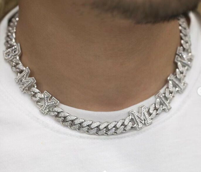 Pre-owned Online0369 15ct Cubic Zirconia Custom Name Letter 12mm X 20 Inch Cuban Link Necklace In White
