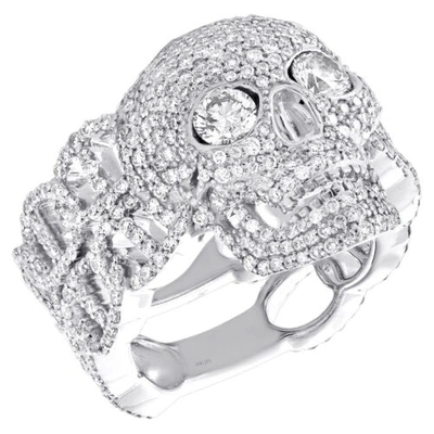 Pre-owned Jfl Diamonds & Timepieces 10k White Gold Round Diamond Skull Head Statement Band 21mm Pinky Ring 3.45 Ct.