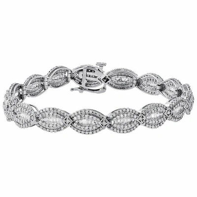 Pre-owned Jfl Diamonds & Timepieces 10k White Gold Round & Baguette Cut Diamond Bracelet 7" Oval Shape Link 3 Ct.