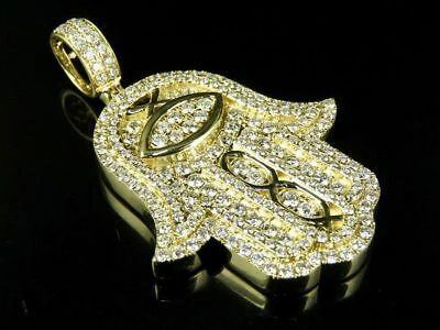 Pre-owned Jewelry Unlimited Men's 14k Yellow Gold Iced Hamsa Hand Genuine Diamond Pendant Charm 4 1/2 Ct 2"