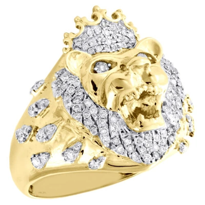 Pre-owned Jfl Diamonds & Timepieces 10k Yellow Gold Round Diamond Lion Head Crown Pinky Ring 24mm Fancy Band 7/8 Ct. In White