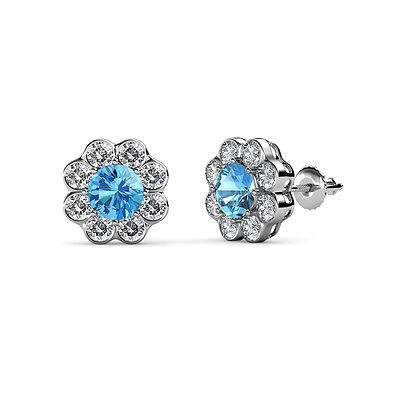 Pre-owned Trijewels Blue Topaz Diamond Floral Womens Halo Stud Earrings 2.80 Ctw 14k Gold In G - H