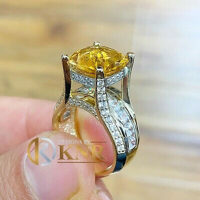 Pre-owned Halo 14k Yellow And White Gold Cushion Yellow Citrine Natural Round Diamond Ring 4.80