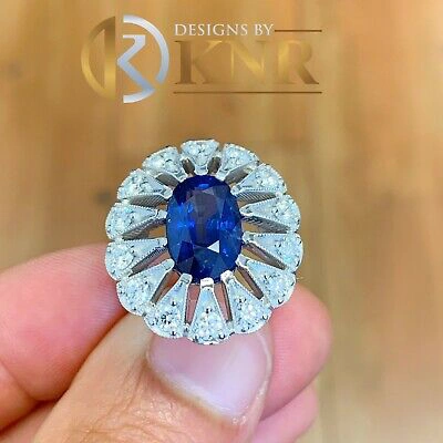 Pre-owned Knr Inc 14k White Gold Oval Cut Sapphire And Diamonds Engagement Ring Bridal Halo 2.00ct In Blue