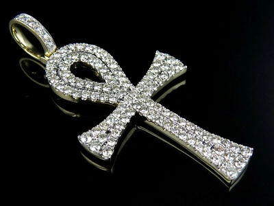 Pre-owned Jewelry Unlimited Solid Mens Yellow Gold Egyptian Ankh 2.5 Inch Diamond Cross Charm Pendant 6.0 Ct
