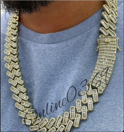 Pre-owned Online0369 19.5ct Baguette Cubic Zirconia Mens 16x20" Cuban Link Necklace Silver Stud In White