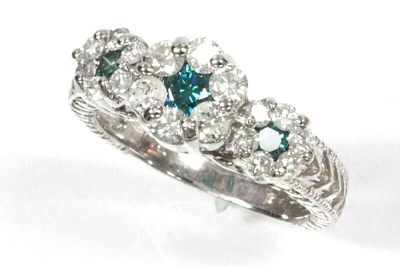 Pre-owned Jewelry By Arsa 1.1 Ctw Natural Blue & White Diamond Solid 14k White Gold 3 Flower Cluster Ring