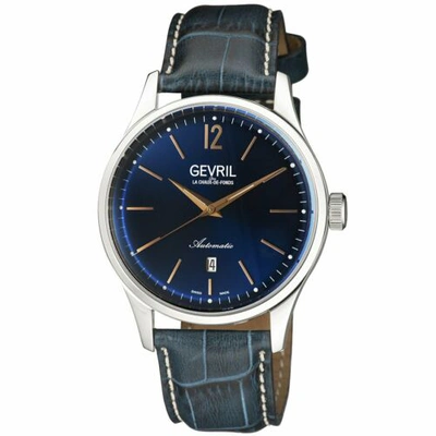 Pre-owned Gevril Men's 4253a Five Points Automatic Blue Leather Date Wristwatch