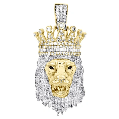 Pre-owned Jfl Diamonds & Timepieces 10k Yellow Gold Round & Baguette Diamond Lion Crown Head Pendant Charm 2.05 Ct. In White, Black