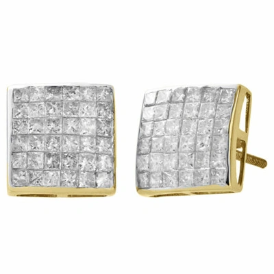Pre-owned Jfl Diamonds & Timepieces 14k Yellow Gold Genuine Princess Diamond Studs 10.80mm Square Earrings 2 Ct. In White