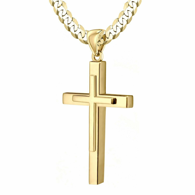 Pre-owned Us Jewels Men's Xl Solid 2" 14k Yellow Gold Christian Cross Pendant Necklace, 22in To 30in