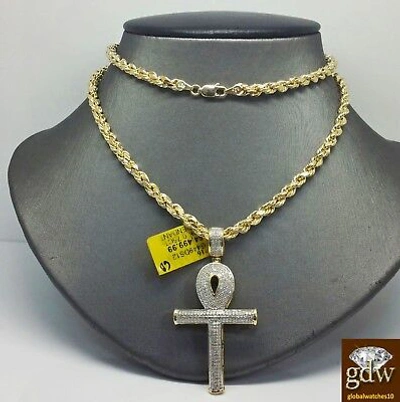 Pre-owned G&d 10k Yellow Gold Men's Ankh Charm With Diamonds Including 24 Inch Rope Chain