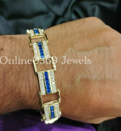 Pre-owned Online0369 Men's 6 Ct Round Vvs Moissanite & Blue Simulated Tanzanite Custom Link Bracelet In White