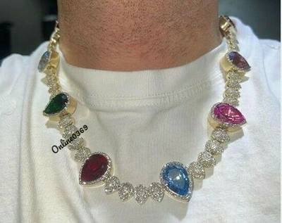 Pre-owned Online0369 30ct Pear Multi Color Simulate Diamond Mens Tennis Necklace 925 Silver Free Stud In Pink