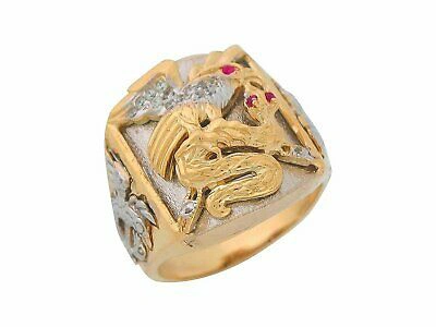 Pre-owned Jackani 10k Or 14k Two-tone Gold Simulated Ruby White Cz Mens Eagle And Snake Large Ring