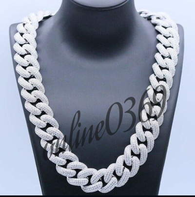 Pre-owned Online0369 13ct Cubic Zirconia Mens 18mm X 22" Cuban Link Necklace White Gold Plated Silver