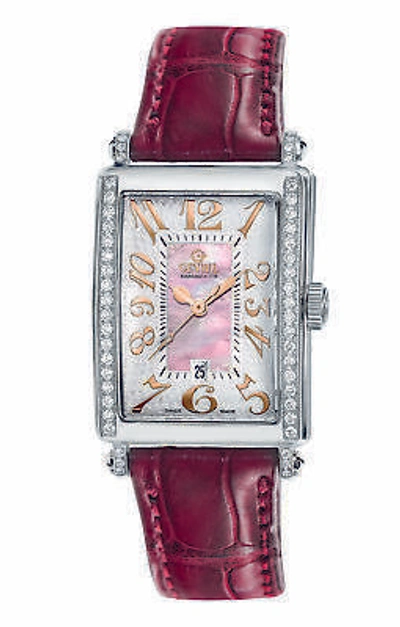 Pre-owned Gevril Women's 7248re Avenue Of Americas Mini Diamond Mop Dial Leather Watch