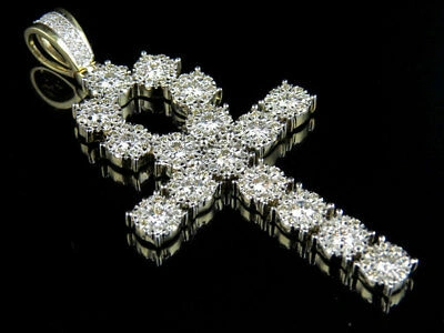 Pre-owned Jewelry Unlimited Men's 10k Yellow Gold Genuine Diamond Cluster Ankh Pendant Charm 4.0ct 2.2"