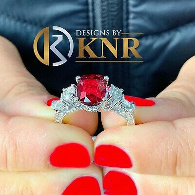 Pre-owned Knr 14k Solid White Gold Cushion Ruby And Natural Diamonds Engagement Ring 3.70ct