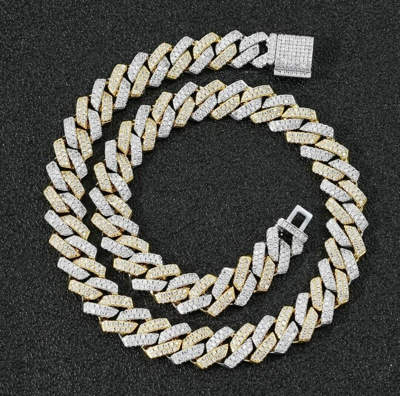 Pre-owned Online0369 Men's 12 Mm X 20" Cuban Link Two Tone Necklace Chain Silver White Gold Plated