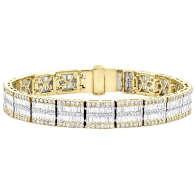 Pre-owned Jfl Diamonds & Timepieces 10k Yellow Gold Round & Baguette Diamond 10mm Fancy Statement Bracelet 9.50 Ct. In White