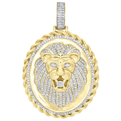 Pre-owned Jfl Diamonds & Timepieces 10k Yellow Gold Diamond Lion Head Oval Rope Frame Border Pendant 2.1" Charm 1 Ct In White