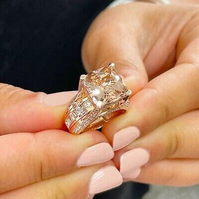 Pre-owned Halo 14k Solid Rose Gold Cushion Peach Morganite And Natural Round Diamond Ring 6.50 In Pink