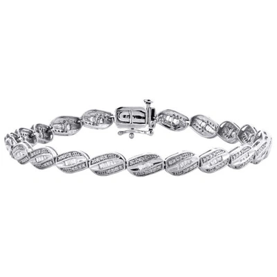 Pre-owned Jfl Diamonds & Timepieces 10k White Gold Baguette & Round Diamond 5.25mm Oval Frame 7" Link Bracelet 1 Ct.