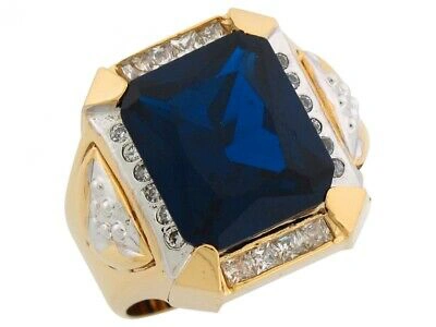 Pre-owned Jackani 10k Or 14k Two Tone Solid Gold Simulated Sapphire Cz Accents Fancy Mens Ring In Blue