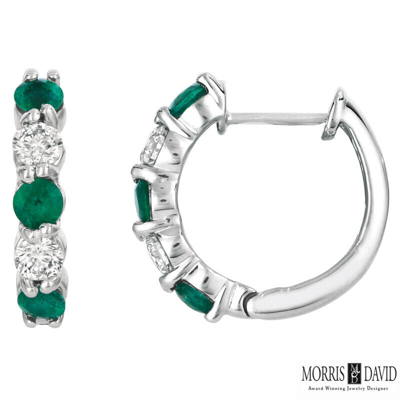 Pre-owned Morris 1.65 Carat Natural Emerald & Diamond Hoop Earrings Si 14k White Gold