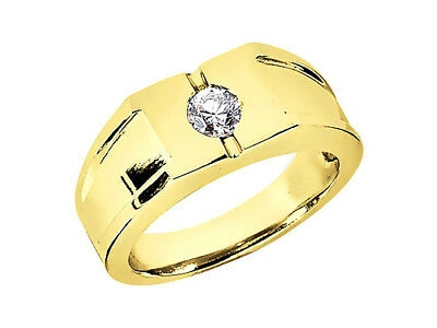 Pre-owned Jewelwesell Real 1/4ct Round Solitaire Mens Wedding Band Ring 18k Yellow Gold I Si2 Bezel