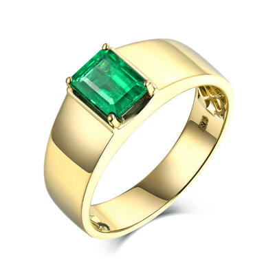 Pre-owned Frankjewelry 1.55ct Natural Green Emerald Vintage Solid 14k Yellow Gold Engagement Men's Ring