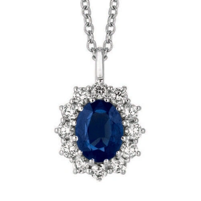 Pre-owned Morris 3.50 Carat Natural Sapphire And Diamond Necklace Pendant 14k White Gold In Blue