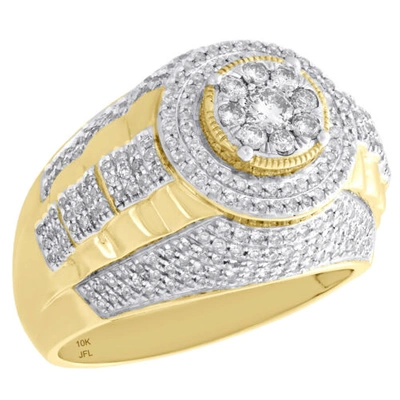 Pre-owned Jfl Diamonds & Timepieces 10k Yellow Gold Diamond Step Shank Tier 16mm Round Frame Pave Pinky Ring 1 Ct. In White
