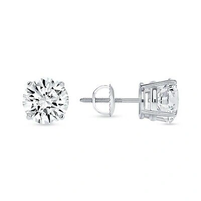 Pre-owned Shine Brite With A Diamond 3 Ct Round Lab Created Grown Diamond Earrings 14k White Gold G/vs Basket Screw In White/colorless