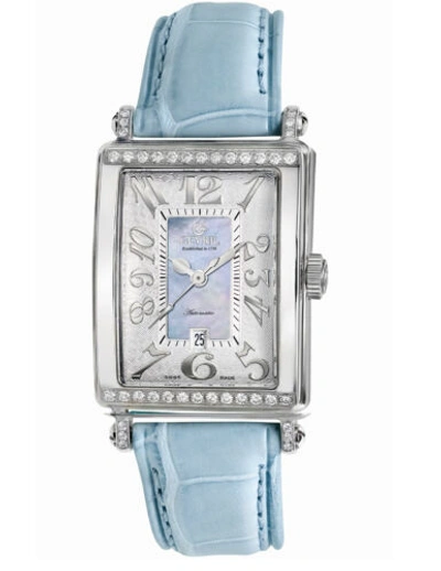 Pre-owned Gevril Women's 6207nt Glamour Automatic Diamond Mop Dial Blue Leather Watch