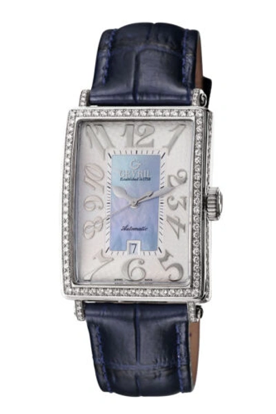 Pre-owned Gevril Women's 6207nv Glamour Automatic Diamond Mop Dial Blue Leather Date Watch