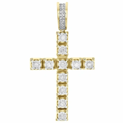 Pre-owned Jfl Diamonds & Timepieces 10k Yellow Gold Genuine Diamond 1 Row Prong Set Cross Pendant 1.8" Charm 3/4 Ct. In White